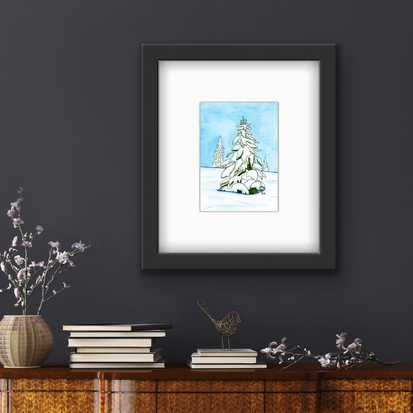 Framed Winter Pines Original Watercolor 5x7in
