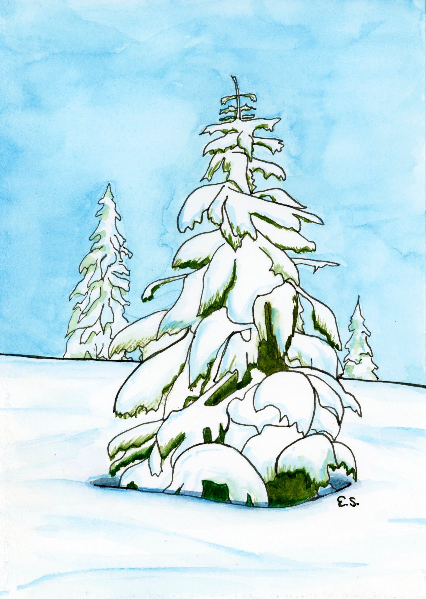 Framed Winter Pines Original Watercolor 5x7in